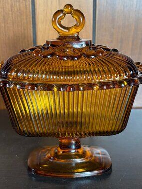 Vtg Indiana Glass Company Amber Lace Edge Footed Candy Dish with Lid - EUC